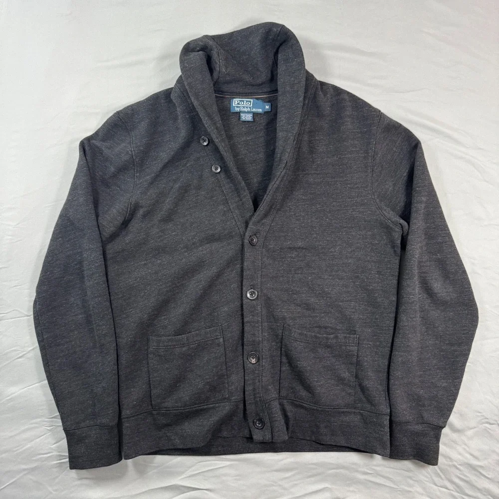 VTG Polo by Ralph Lauren Shawl Collar Cardigan Sweater Mens M Gray Heather